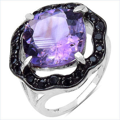 6.09 Carat Genuine Amethyst & Black Spinel .925 Sterling Silver Ring