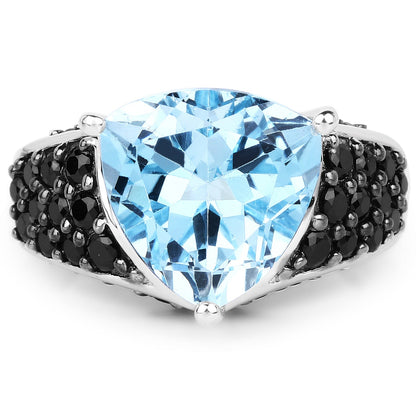 5.49 Carat Genuine Blue Topaz and Black Spinel .925 Sterling Silver Ring
