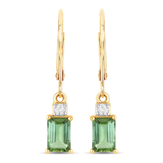 1.28 Carat Genuine Green Tourmaline and White Diamond 14K Yellow Gold Earrings