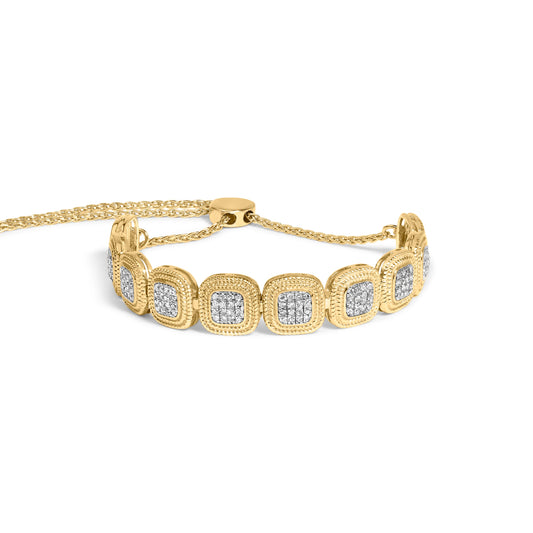 Bracelet réglable Bolo 10-17 cm en argent sterling 925 plaqué or jaune 14 carats, monture coussin composite sertie de diamants 0,625 carat (couleur G-H, pureté I1-I2)