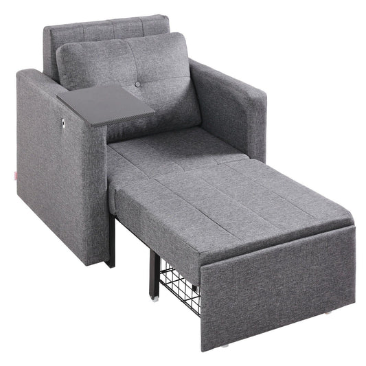 Sleeper Sofa Bed, Convertible Sleeper Bed with Side Pocket, Pillow, Armrest and Desk Board, 5 Adjustable Angles Backrest, Single Pull Out Sofa Couch with 2 Wheels and Bottom Storage, Gray