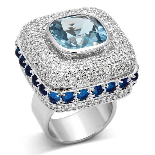 LOA861 - Rhodium Brass Ring with Synthetic Spinel in London Blue