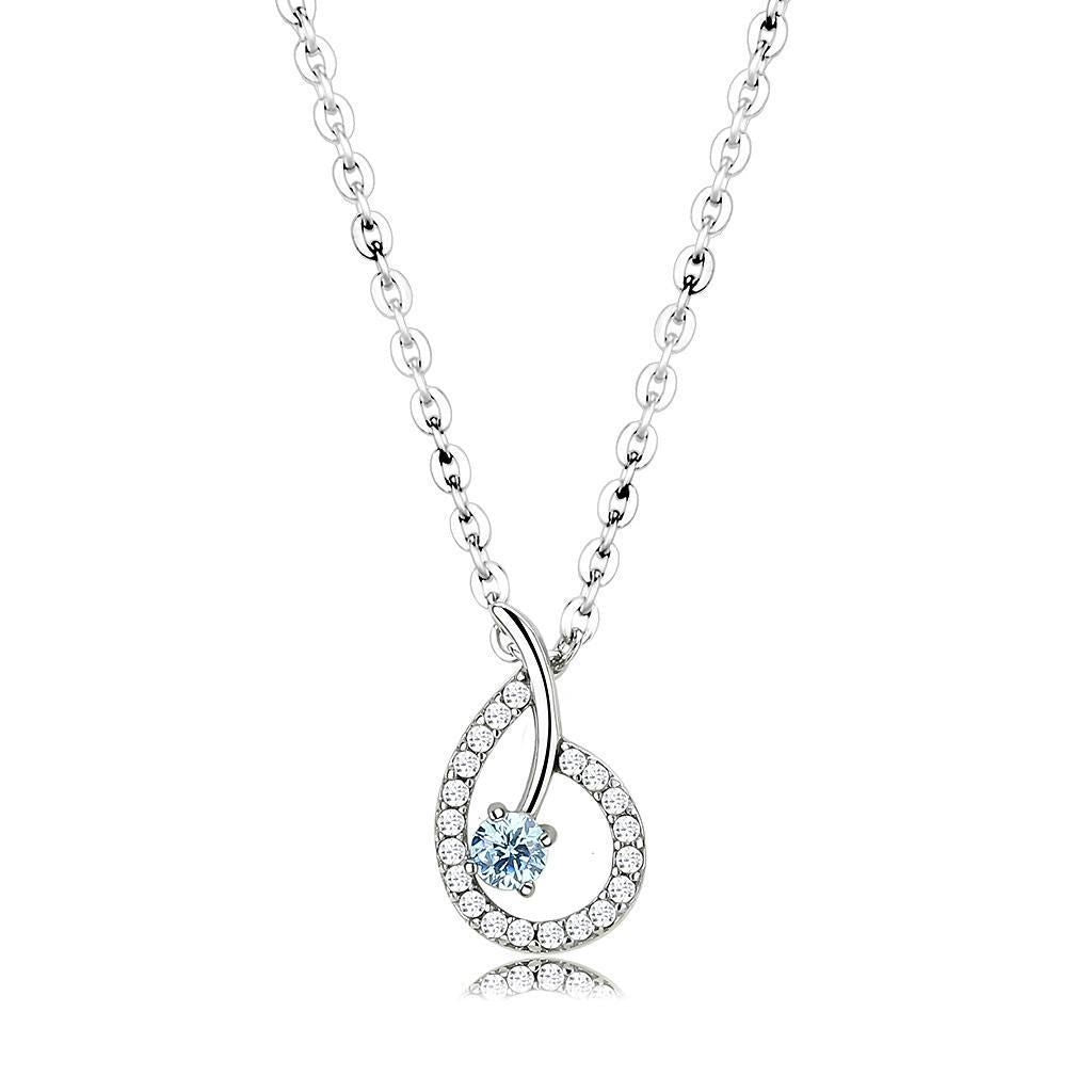 DA090 - High polished (no plating) Stainless Steel Chain Pendant with AAA Grade CZ in Sea Blue