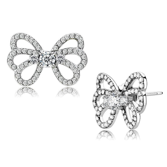 DA067 - High polished (no plating) Stainless Steel Earrings with AAA Grade CZ in Clear