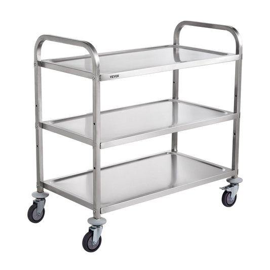 Kitchen Utility Cart, 3 Tiers, Wire Rolling Cart w/ 450LBS Capacity, Steel Service Cart on Wheels, Metal Storage Trolley w/ 80mm Basket Curved Handle PP Liner 6 Hooks, for Indoor and Outdoor Use