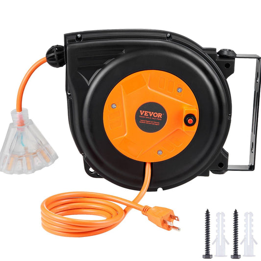 Retractable Extension Cord Reel, 30 FT, Heavy Duty 16AWG/3C SJTOW Power Cord, with Lighted Triple Tap Outlet 10 Amp Circuit Breaker, for Ceiling or Wall Mount Garage and Shop, ETL Listed