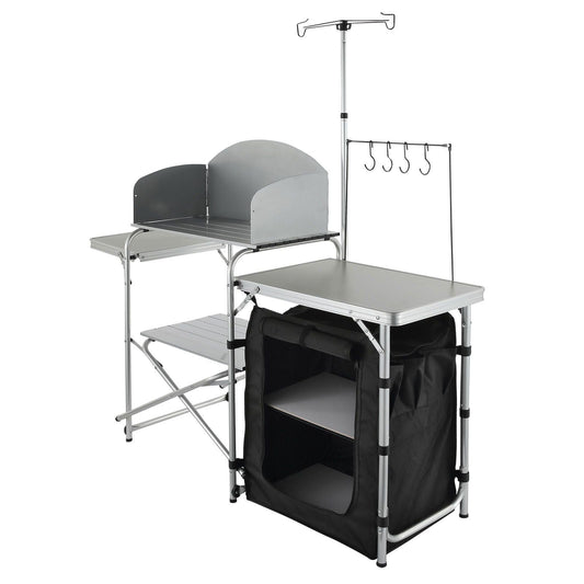 Camping Kitchen Table, Folding Outdoor Cooking Table with Storage Carrying Bag, Aluminum Cook Station 1 Cupboard & Detachable Windscreen, Quick Set-up for Picnics, BBQ, RV Traveling, Black