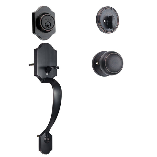 Front Door Handle and Deadbolt Set, Antique Copper Front Door Lock Set with Interior Knob, Adjustable Hole Spacing Single Cylinder Handleset, for Right and Left Handed Entrance and Front Door