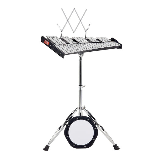 32 Note Glockenspiel Xylophone Bell Kit, Professional Percussion Instrument Set with Mallets, Drum Sticks, Music Stand, 8" Practice Pad, Adjustable Stand and Carrying Bag for Students & Adults