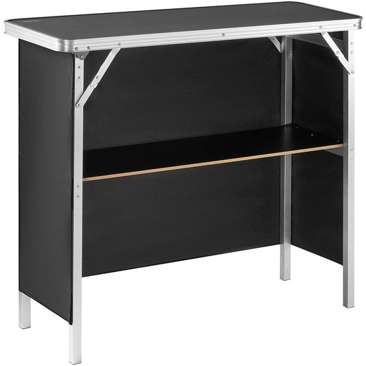 Folding Portable Bar Table, Tradeshow Podium Table for Indoor, Outdoor, Party, Picnic, Exhibition, Includes Carrying Case, Storage Shelf and Black Skirt, 38.39" x 15.16" x 34.25"