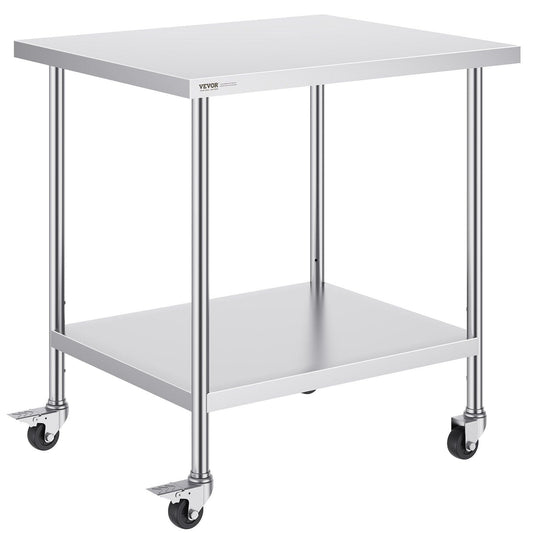 Stainless Steel Work Table 30 x 36 x 38 Inch, with 4 Wheels, 3 Adjustable Height Levels, Heavy Duty Food Prep Worktable for Commercial Kitchen Restaurant, Silver