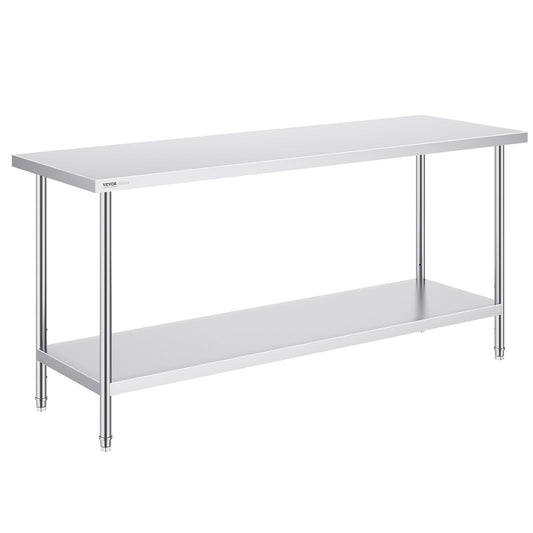 Stainless Steel Prep Table, 24 x 72 x 34 Inch, Heavy Duty Metal Worktable with 3 Adjustable Height Levels, Commercial Workstation for Kitchen Garage Restaurant Backyard