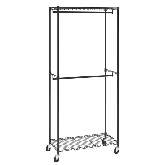 Heavy Duty Clothes Rack, Double Hanging Rods Clothing Garment Rack with Bottom and Top Storage Tier, Rolling Clothing Rack for Hanging Clothes, 1'' Diameter Thicken Steel Tube Hold Up to 300Lbs