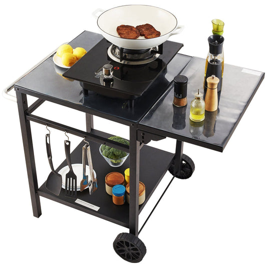 Outdoor Grill Dining Cart with Double-Shelf, BBQ Movable Food Prep Table, Multifunctional Foldable Iron Table Top, Portable Modular Carts for Pizza Oven, Worktable with 2 Wheels, Carry Handle