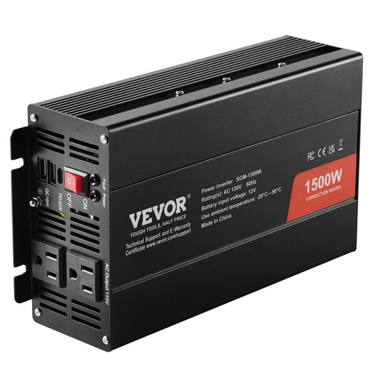 Modified Sine Wave Inverter, 1500W, DC 12V to AC 120V Power Inverter with 2 AC Outlets 2 USB Port 1 Type-C Port 6 Spare Fuses, for Small Home Devices like Smartphone Laptop, CE FCC Certified