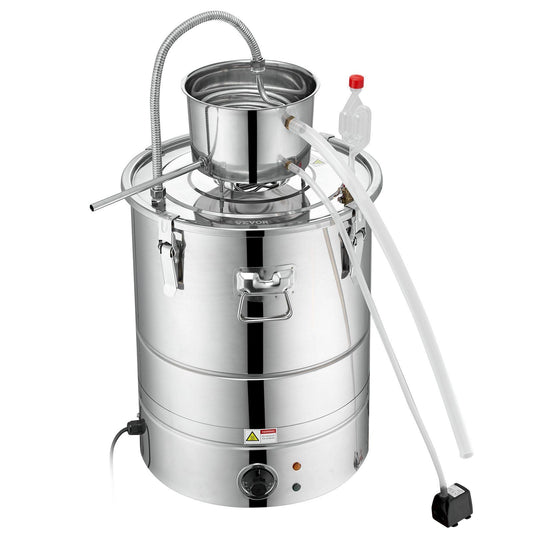Alcohol Still, 9 Gal 30L Water Alcohol Distiller, Home Distillery Kit include Stainless Steel Tube & Pump & One-way Exhaust Valve & Thermometer (30-120°C ) for DIY Whisky Wine Brandy, Silver