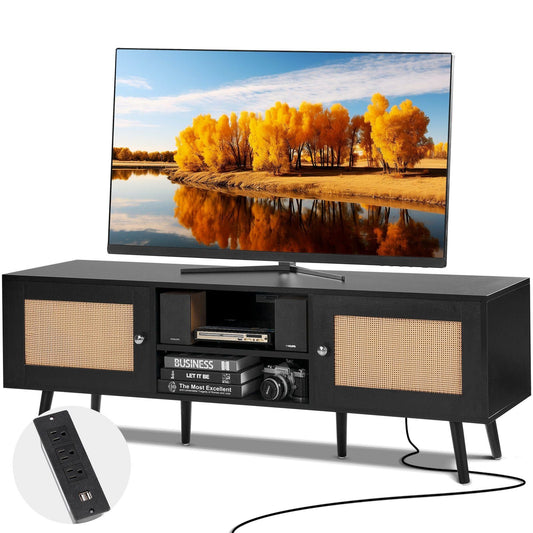 Rattan TV Stand for 65 inch TV, Boho TV Stand with Rattan Door, Entertainment Center with Build-in Socket and USB Ports, Modern TV Console for Living Room, Media Room, Black