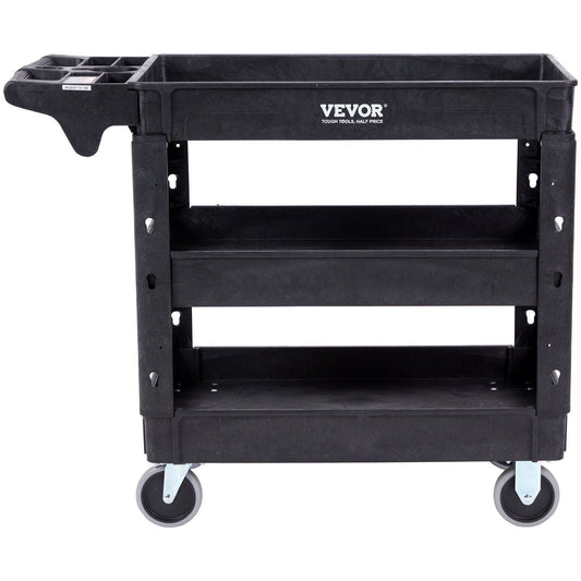 Utility Service Cart, 3 Shelf 550LBS Heavy Duty Plastic Rolling Utility Cart with 360° Swivel Wheels (2 with Brakes), Medium Lipped Shelf, Ergonomic Storage Handle for Warehouse/Garage/Cleaning