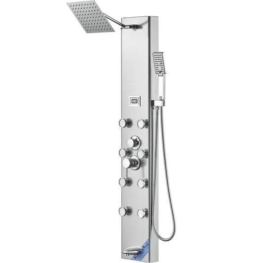 Shower Panel System, 5 Shower Modes, Digital Display Shower Panel Tower, Rainfall, 8 Massage Jets, Tub Spout, 3-Setting Handheld Shower Head 59" Hose, Stainless Steel Wall-Mounted Shower Set