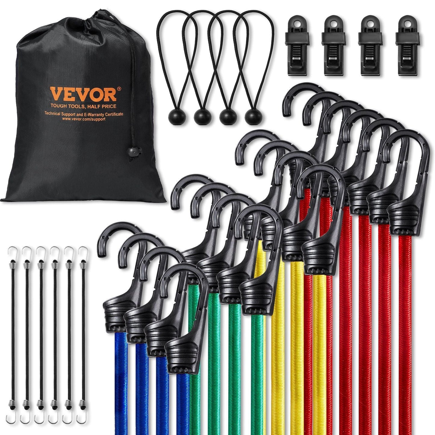 32 Pcs Bungee Cords Set 8 mm Heavy Duty Bungee Straps with A3 Steel Hooks