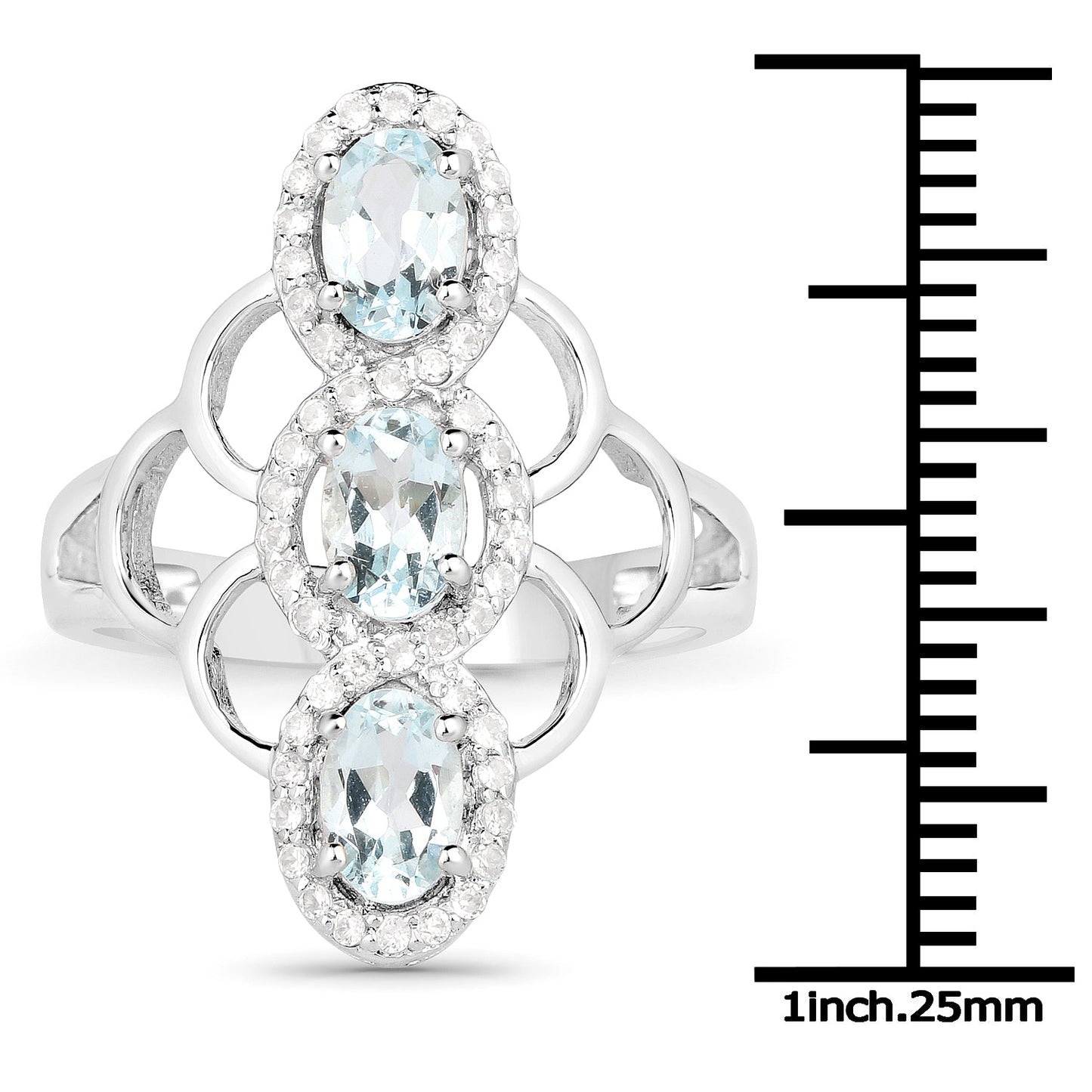 1.54 Carat Genuine Aquamarine and White Zircon .925 Sterling Silver Ring