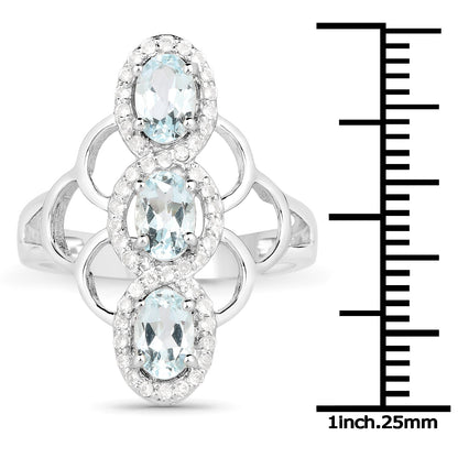 1.54 Carat Genuine Aquamarine and White Zircon .925 Sterling Silver Ring