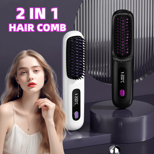 Peine de pelo liso 2 en 1 Cepillo alisador inalámbrico Calentamiento rápido Rizador portátil Carga USB