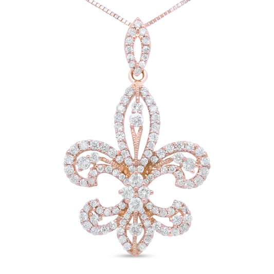 Pendentif Colliers en or jaune 14 carats, diamants ronds 1,00 Cttw, fleur de lys, 45,7 cm (couleur H-I, clarté SI2-I1)
