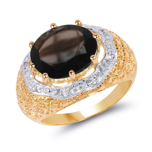 Bague en argent sterling 925 plaqué or jaune 14 carats avec quartz fumé véritable de 4,73 carats et topaze blanche