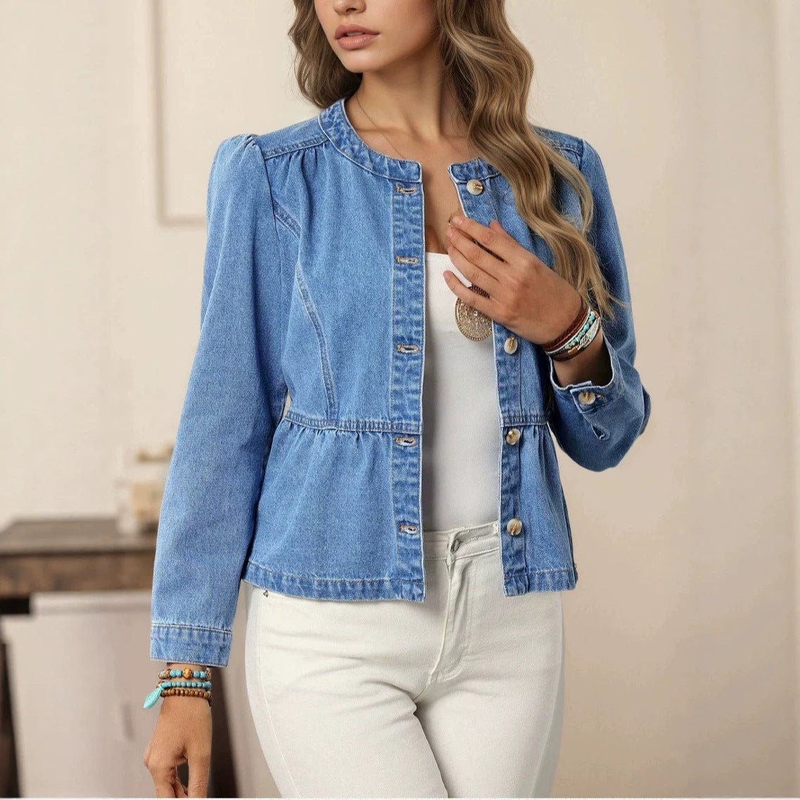 Cross-Border Denim Jacket For Women, Short Style, 2026 Spring And Autumn New Popular Model, European And American Casual Versatile Round Neck Puff Sleeves