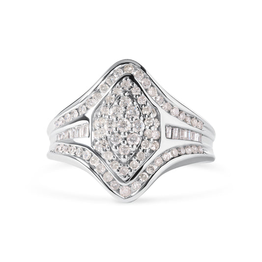 Bague grappe en or blanc 14 carats, diamants ronds et baguettes 0,75 carat total (couleur H-I, clarté I1-I2)
