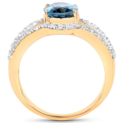14K Yellow Gold Plated 2.30 Carat Genuine London Blue Topaz and White Topaz .925 Sterling Silver Ring