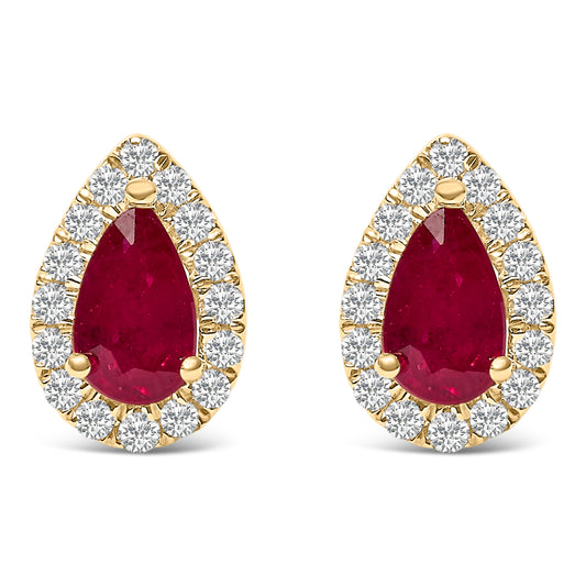 Boucles d'oreilles clous en or jaune 10K, rubis taille poire 5 x 3 mm et diamants 1/7 ct halo (couleur I-J, pureté I1-I2)