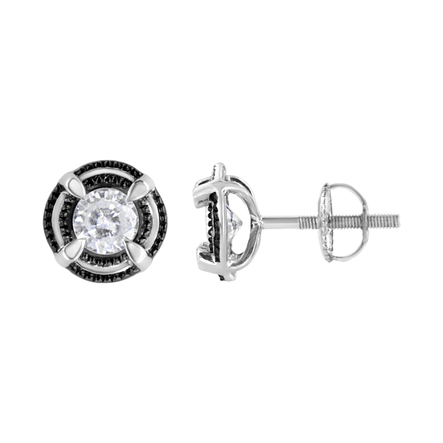Black Rhodium Plated .925 Sterling Silver Round 1-1/2 cttw Diamond Double Halo 4-Prong Solitaire Milgrain Stud Earrings (H-I Color, I2-I3 Clarity)
