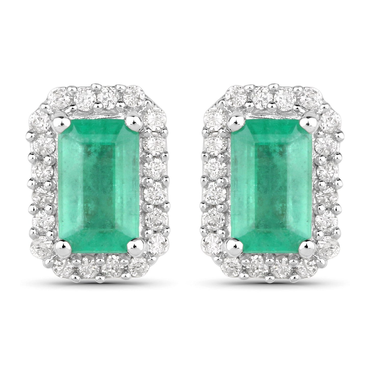 0.91 Carat Genuine Zambian Emerald and White Diamond 14K White Gold Earrings