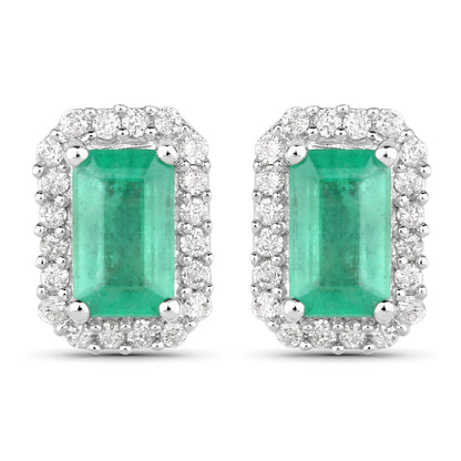 0.91 Carat Genuine Zambian Emerald and White Diamond 14K White Gold Earrings