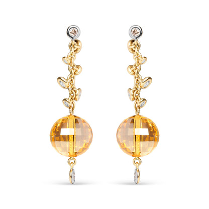 18K Yellow Gold 2/3 Cttw Round Bezel Diamond and 25mm Ball Shaped Yellow Citrine Gemstone Dangle Stud Earring (Brown and G-H Color, SI1-SI2 Clarity)