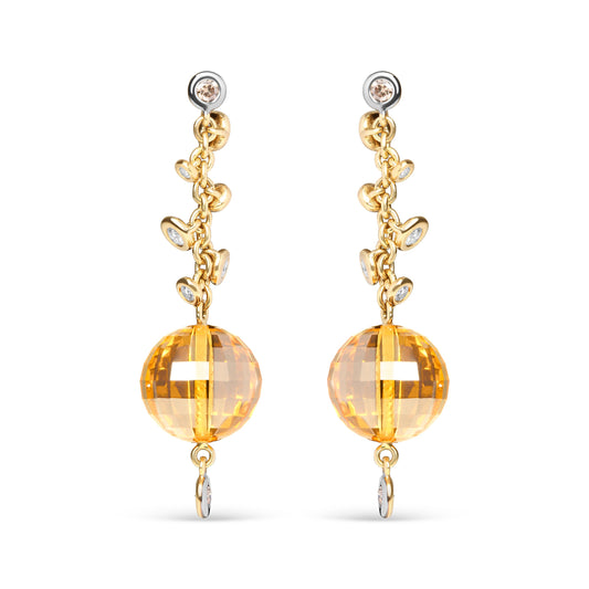 Boucles d'oreilles pendantes en or jaune 18 carats avec diamants ronds sertis clos 0,66 carat total et citrine jaune de 25 mm en forme de boule (couleur marron et G-H, pureté SI1-SI2)
