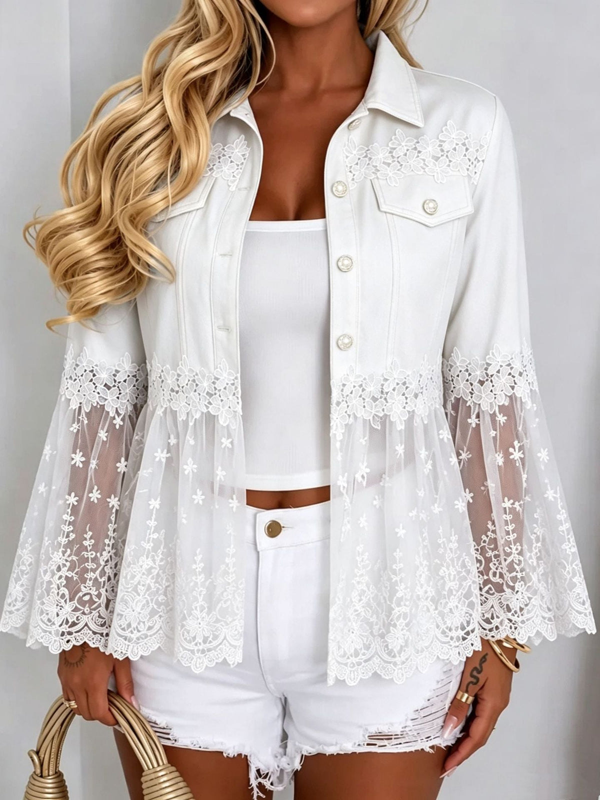2026 Autumn Cross-Border Amazon AliExpress Temu Shein Lace Mesh Patchwork Bell Sleeve Denim Jacket