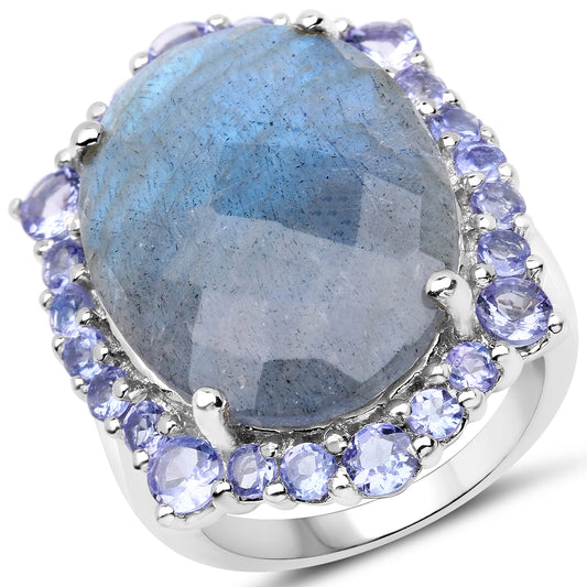 Bague en argent sterling 925 avec labradorite véritable et tanzanite de 13,99 carats