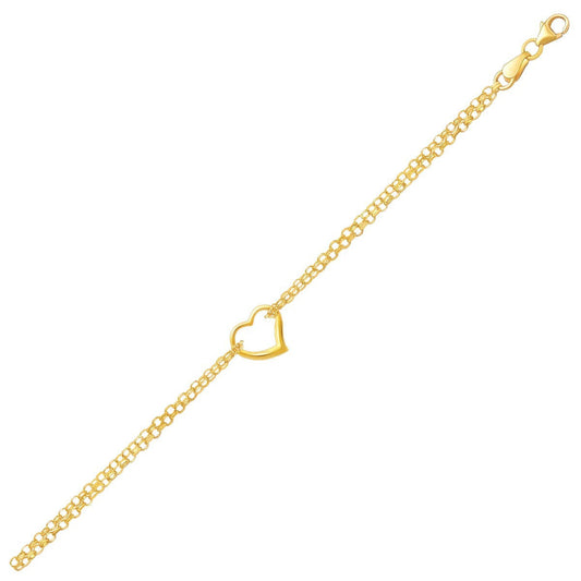 Chaîne de cheville double rolo en or jaune 10 carats avec un cœur ajouré.