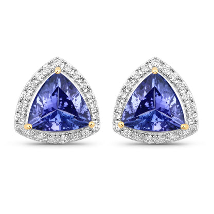 3.82 Carat Genuine Tanzanite and White Diamond 14K Yellow Gold Earrings