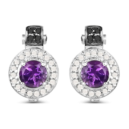 2.29 Carat Genuine Amethyst, Black Diamond and White Diamond .925 Sterling Silver Earrings