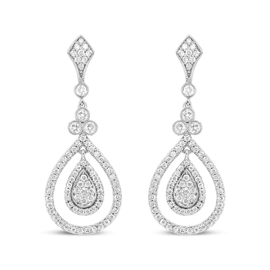 Boucles d'oreilles pendantes en or blanc 18 carats en forme de goutte d'eau ajourée avec diamants ronds 1,25 carat (couleur F-G, pureté VS1-VS2)