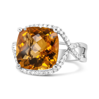 14K White Gold 12mm Cushion Cut Yellow Citrine Gemstone and 1/3 Cttw Round Pave-Set Diamond Ring - (H-I Color, VS1-VS2 Clarity)- Size 6.5