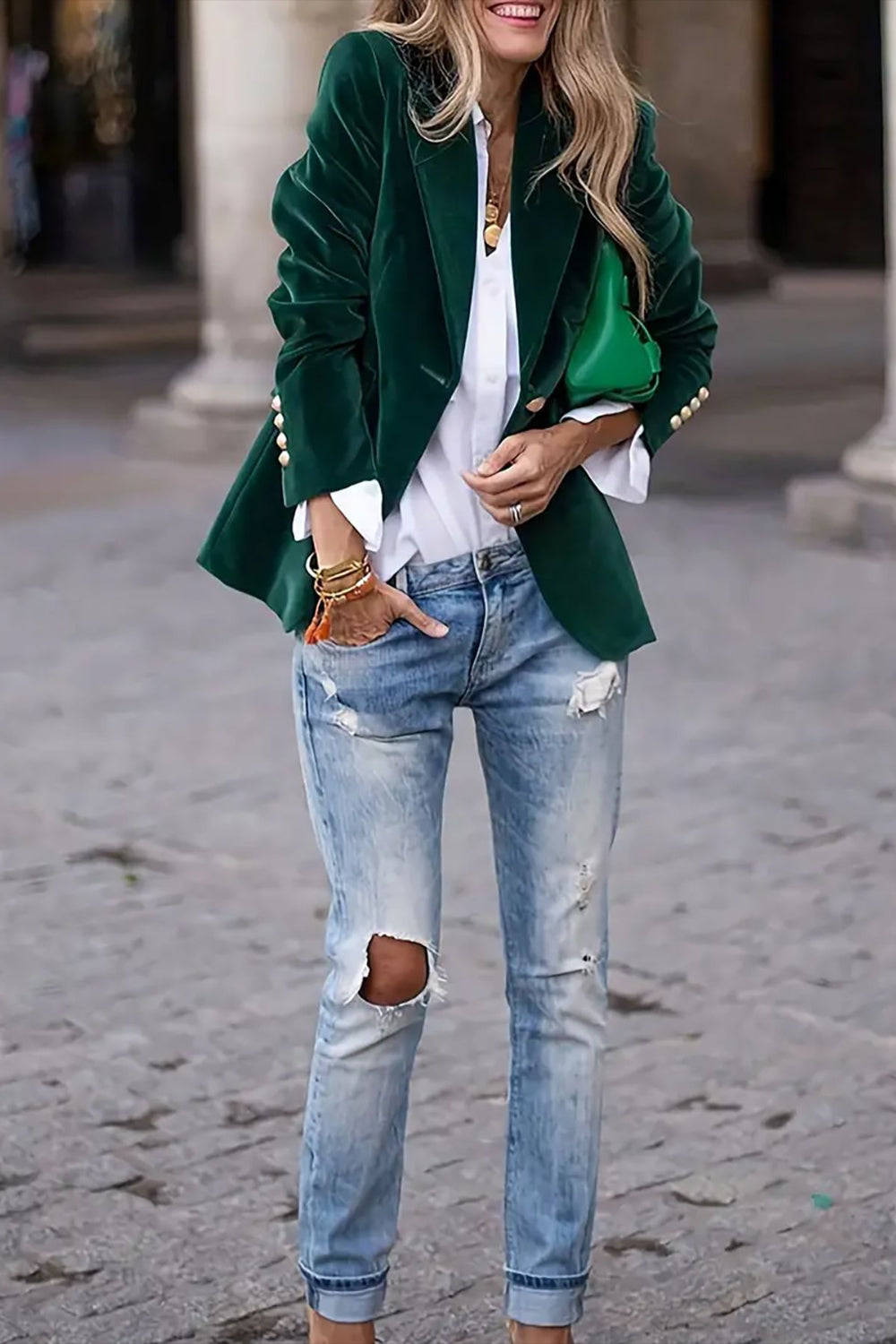 One Button Lapel Collar Long Sleeve Blazer