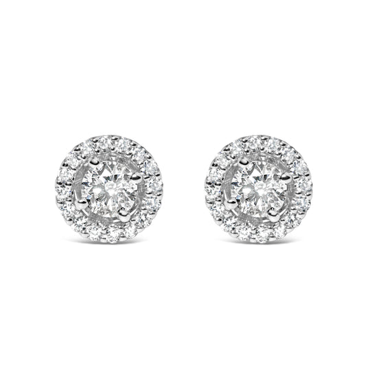 Clous d'oreilles solitaires avec halo en or blanc 14 carats et diamants de synthèse de 0,75 carat (couleur G-H, pureté VS2-SI1)