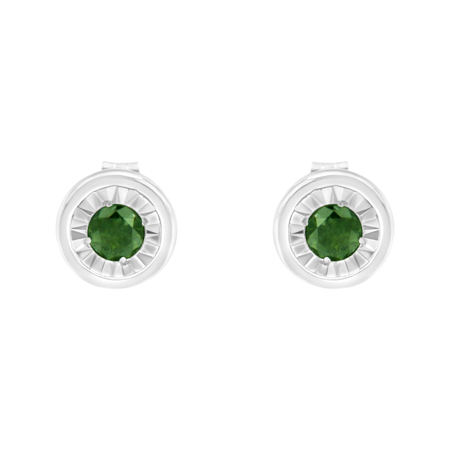 .925 Sterling Silver 1/4 Cttw Round Brilliant-Cut Green Diamond Miracle-Set Stud Earrings (Fancy Color-Enhanced, I1-I2 Clarity)