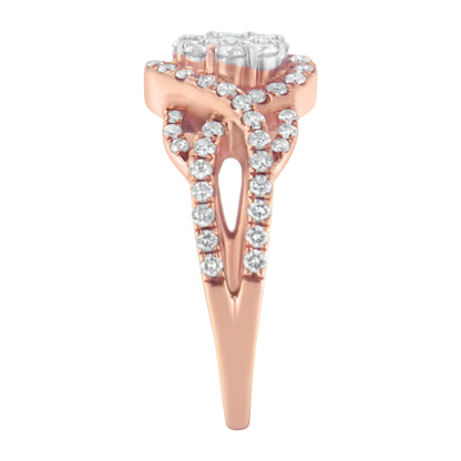 10K Rose Gold 3/4 Cttw Diamond Floral Cluster Head and Twisted Shank Cocktail  Ring (H-I Color, SI1-SI2 Clarity)- Size 7