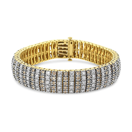Bracelet de tennis 5 rangs en or jaune 10 carats avec diamants alternés couleur Coco et blancs (couleur brun/H-I, clarté SI1-SI2) - Taille 7.25
